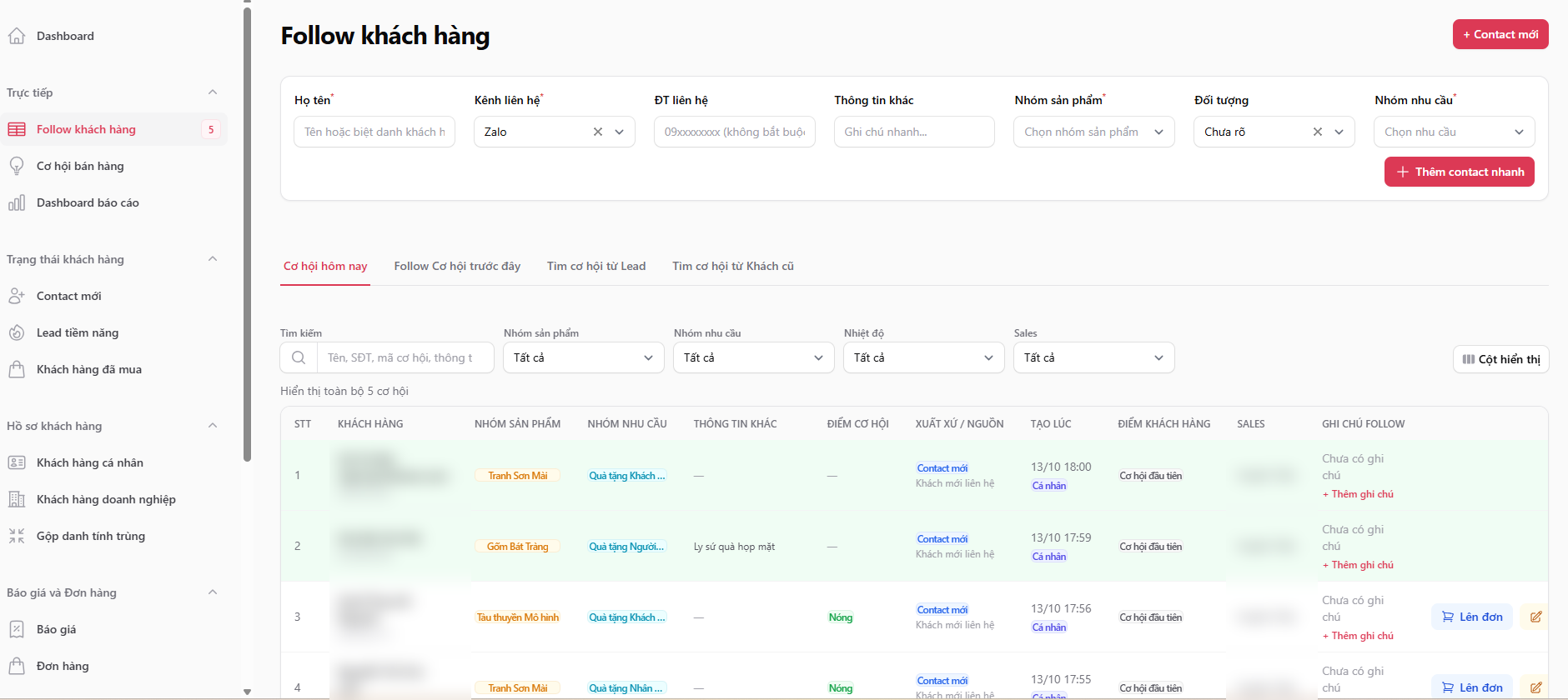 Màn hình theo dõi cơ hội trong CRM KanBox, đã làm mờ tên và số điện thoại khách